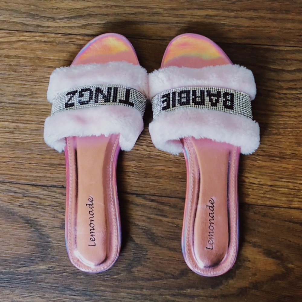 rhinestone faux fur pink slides